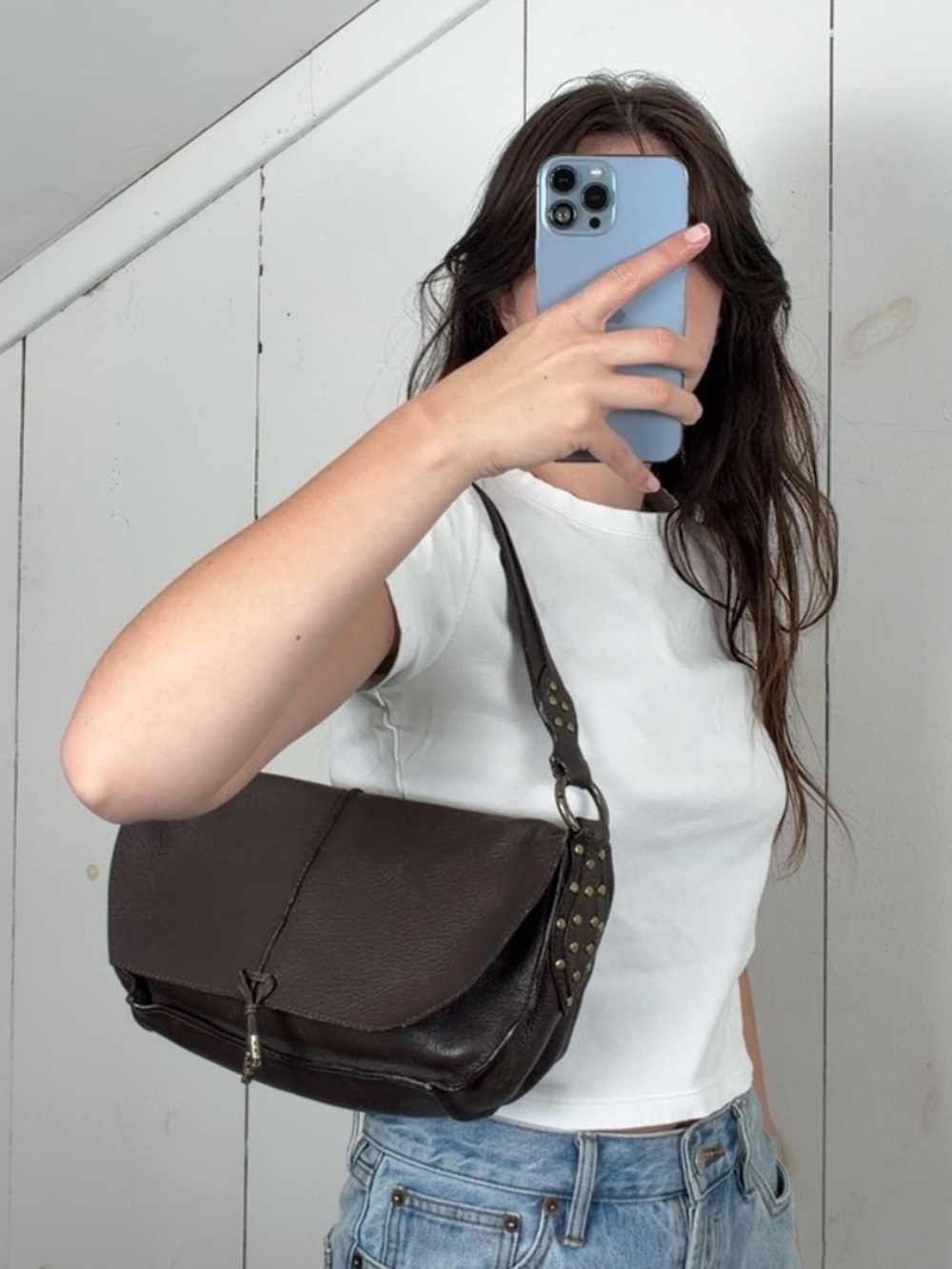 Vintage Via Spiga Brown Leather Western Brass Studded Flap Closure Shoulder Bag